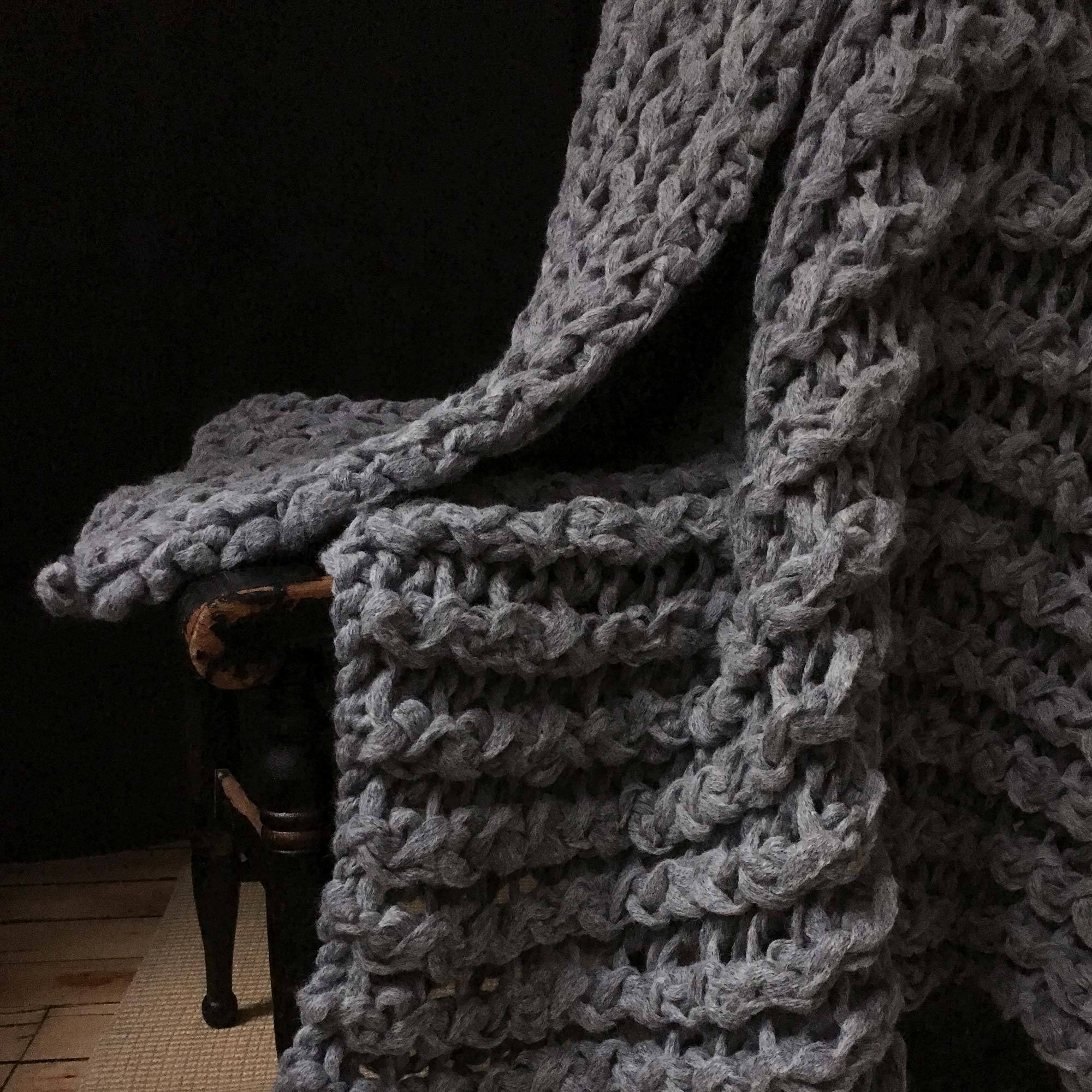 Hand-knitted Twisted Rib Alpaca and Woool Blend Cloud Grey Throw - Gray Twisted Rib Adrienne Rogers Textiles The Garnered Styled 3