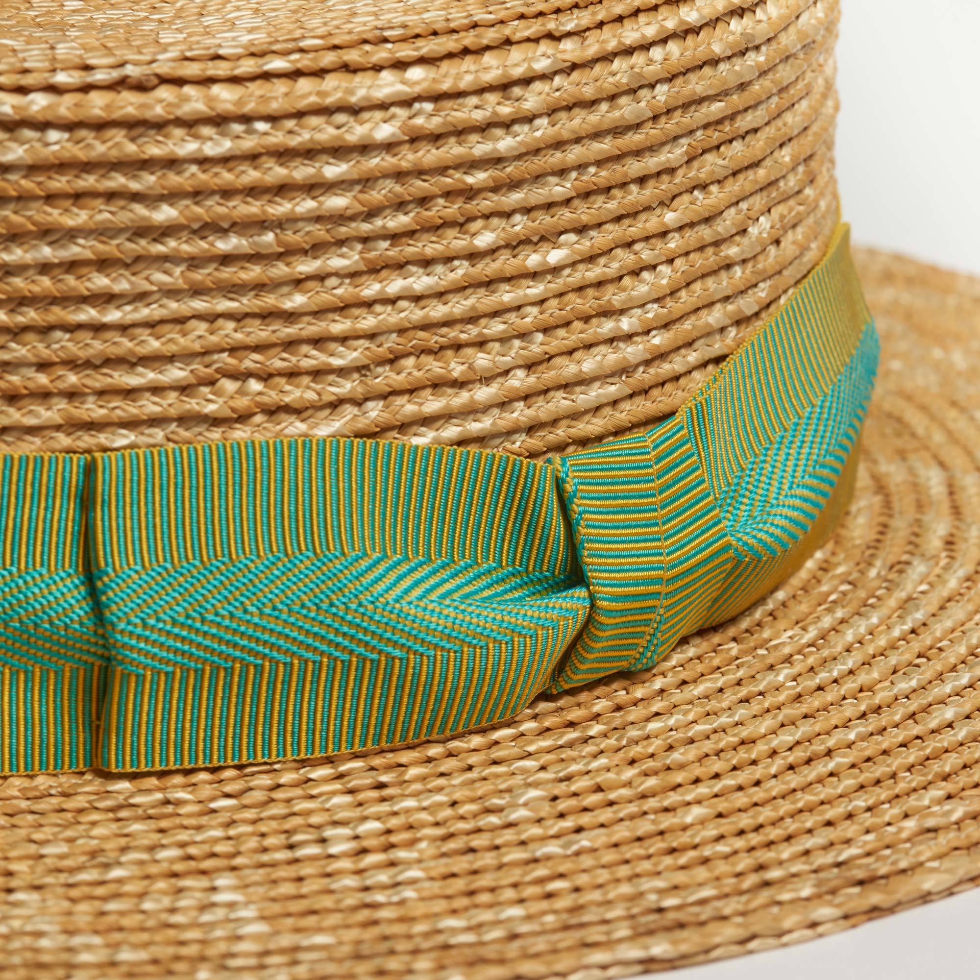 Straw Punter Boater with Green Ribbon - Punter Green Ribbon Anthony Peto Hats The Garnered 12