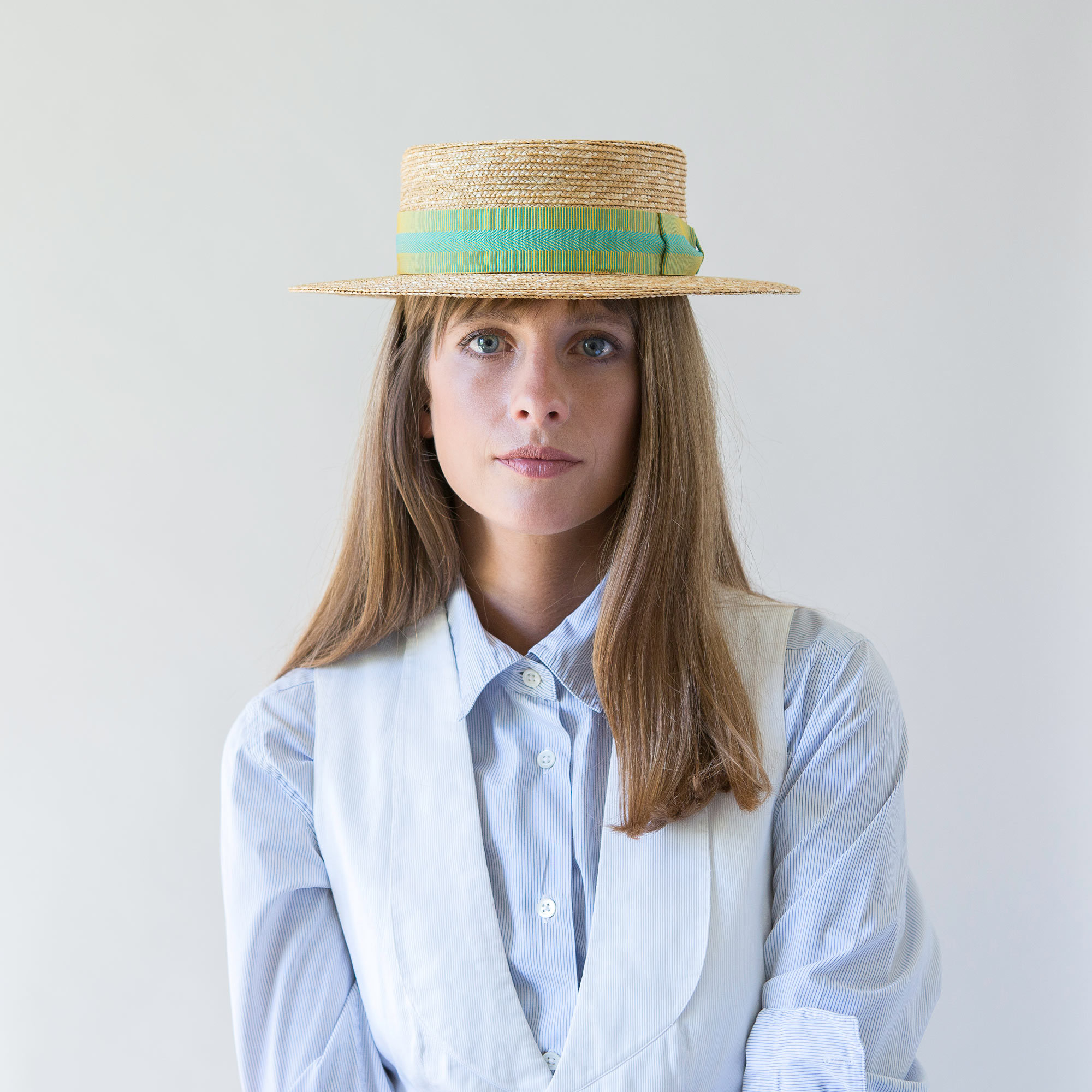 Straw Punter Boater with Green Ribbon - Punter Green Ribbon Anthony Peto Hats The Garnered 14