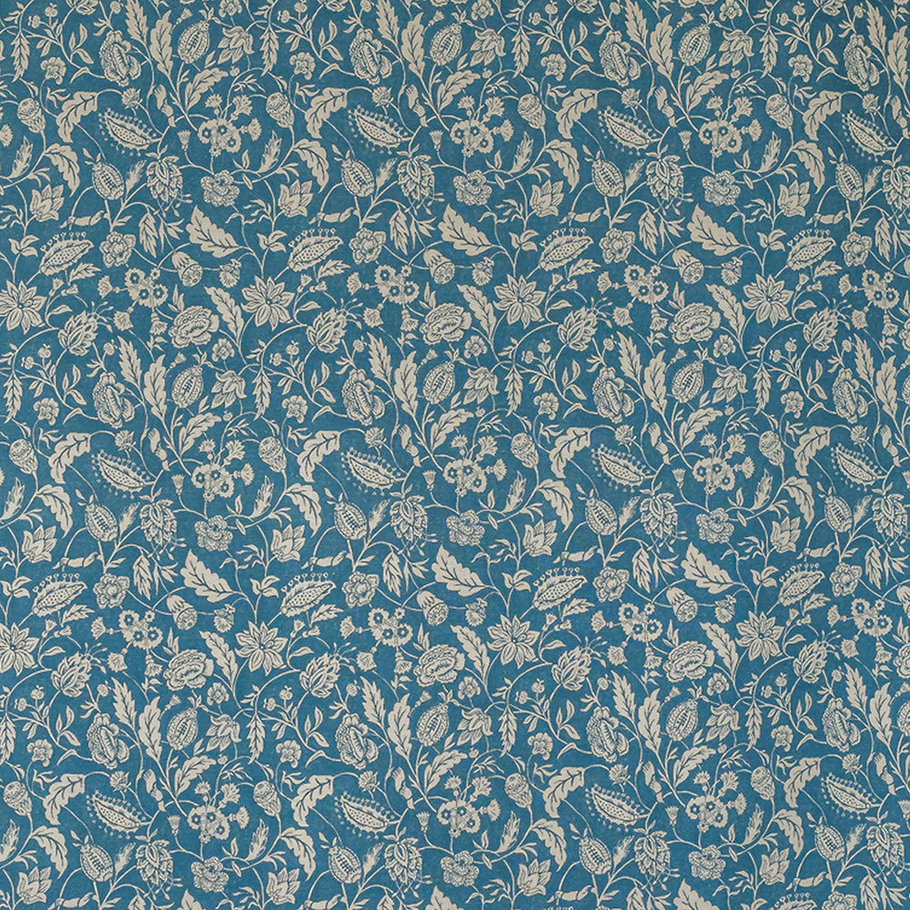 'Indienne' Linen Fabric in Blue - The Garnered Antoinette Poisson Indiennes Blue Fabric Full