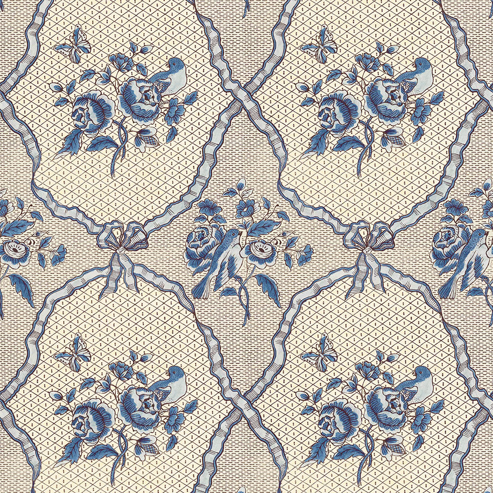 'Rubans & Oiseaux' Wallpaper in Blue - The Garnered Antoinette Poisson Ribbons Birds Wallpaper Blue Full 2