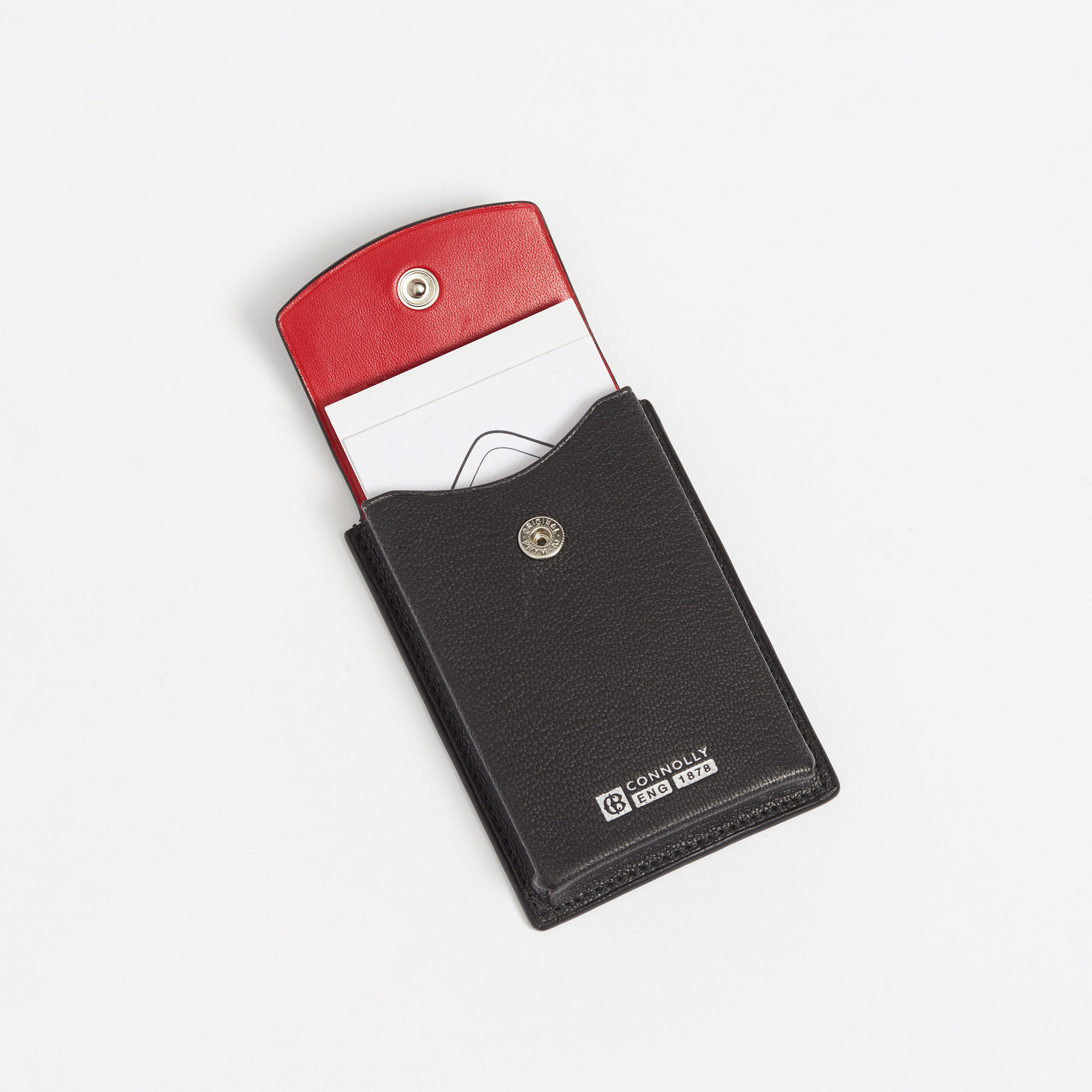 Black Leather Business Card Holder with Hex Rivet Detail - Connolly Black Leather Business Card Holder The Garnered Open