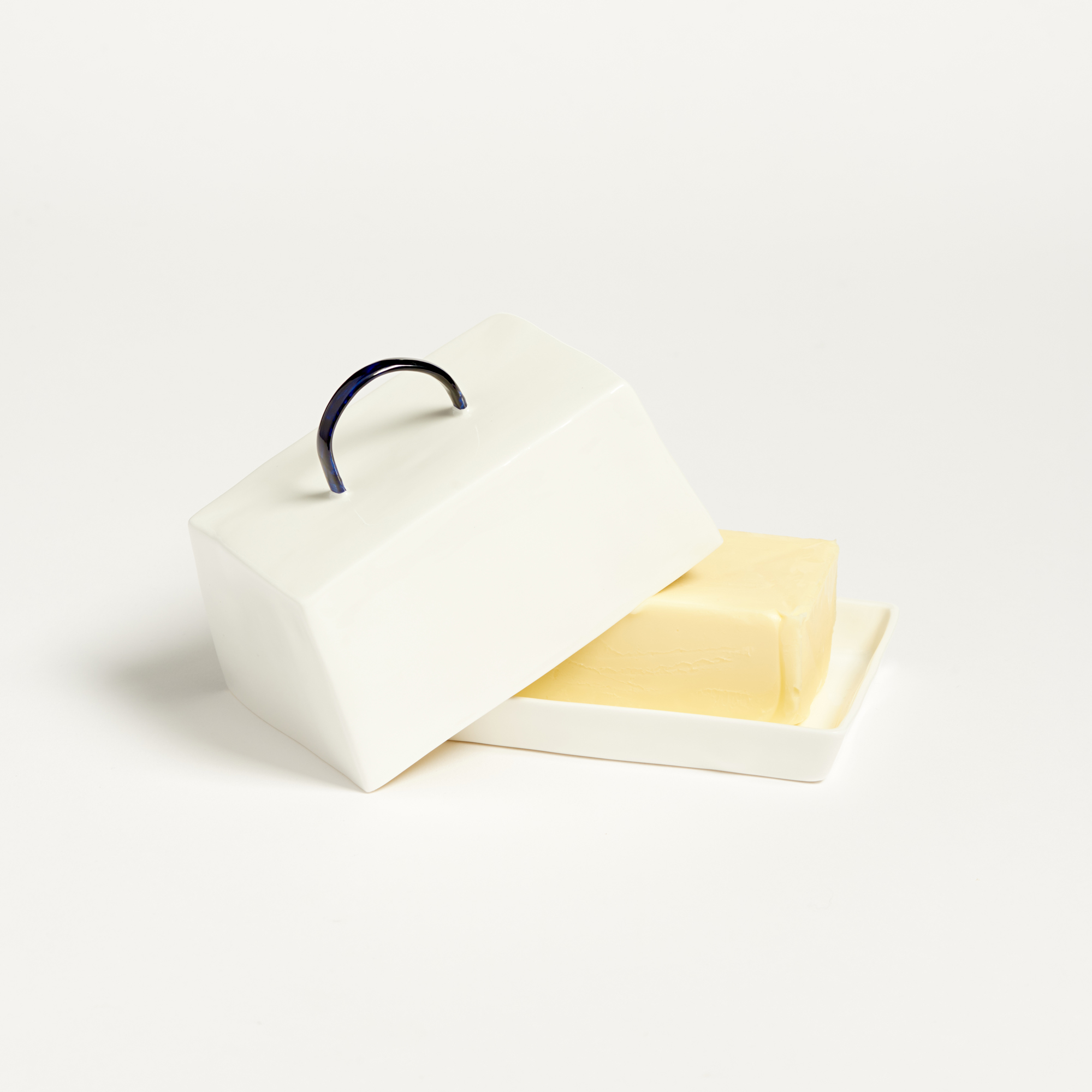 White Fine Bone China Butter Dish with Cobalt Blue Handle - Butter Dish Feldspar Ceramics The Garnered 6