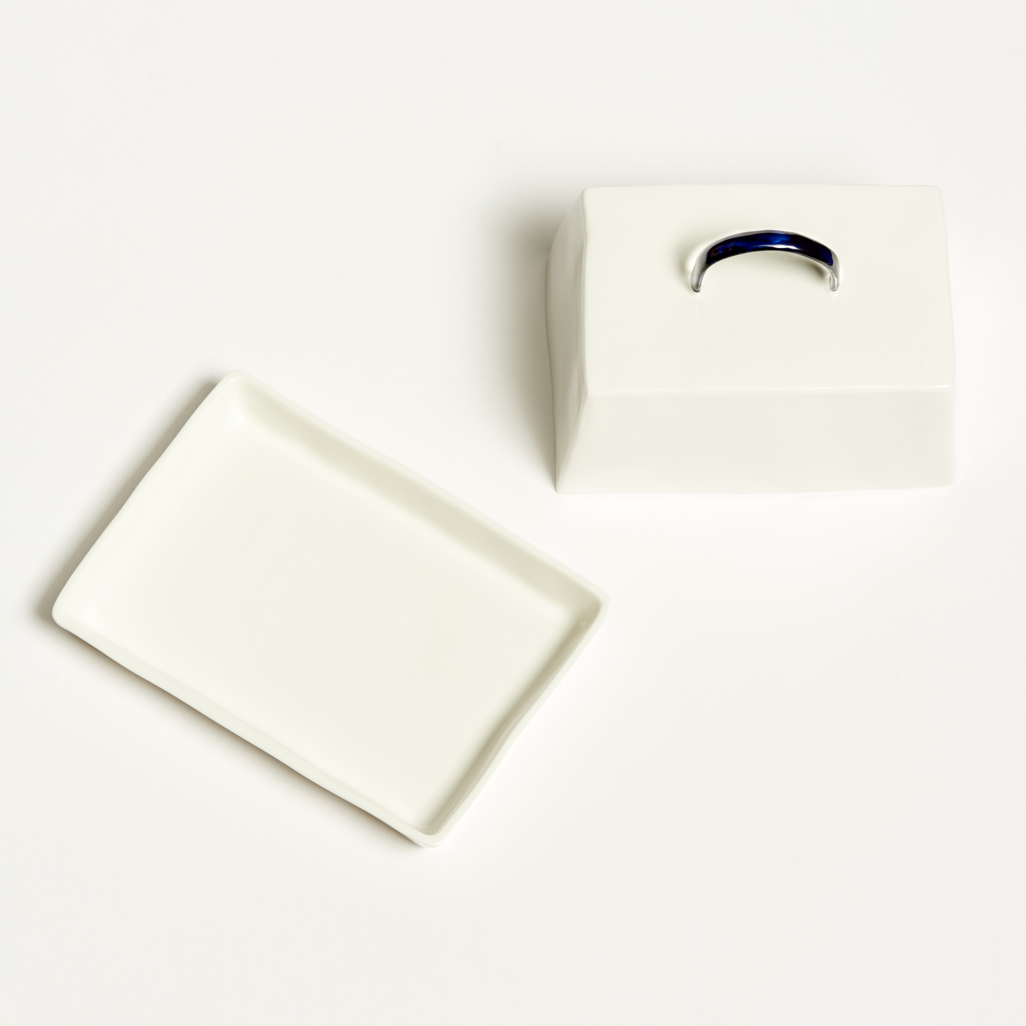 White Fine Bone China Butter Dish with Cobalt Blue Handle - Butter Dish Feldspar Ceramics The Garnered 7