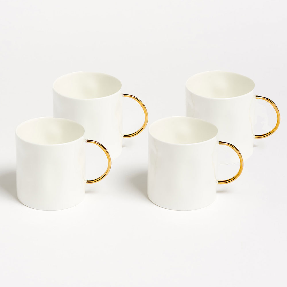 Set of 4 Fine Bone China Tea Mugs with Gold Handle - Gold Tea Mug Feldspar Ceramics The Garnered 4