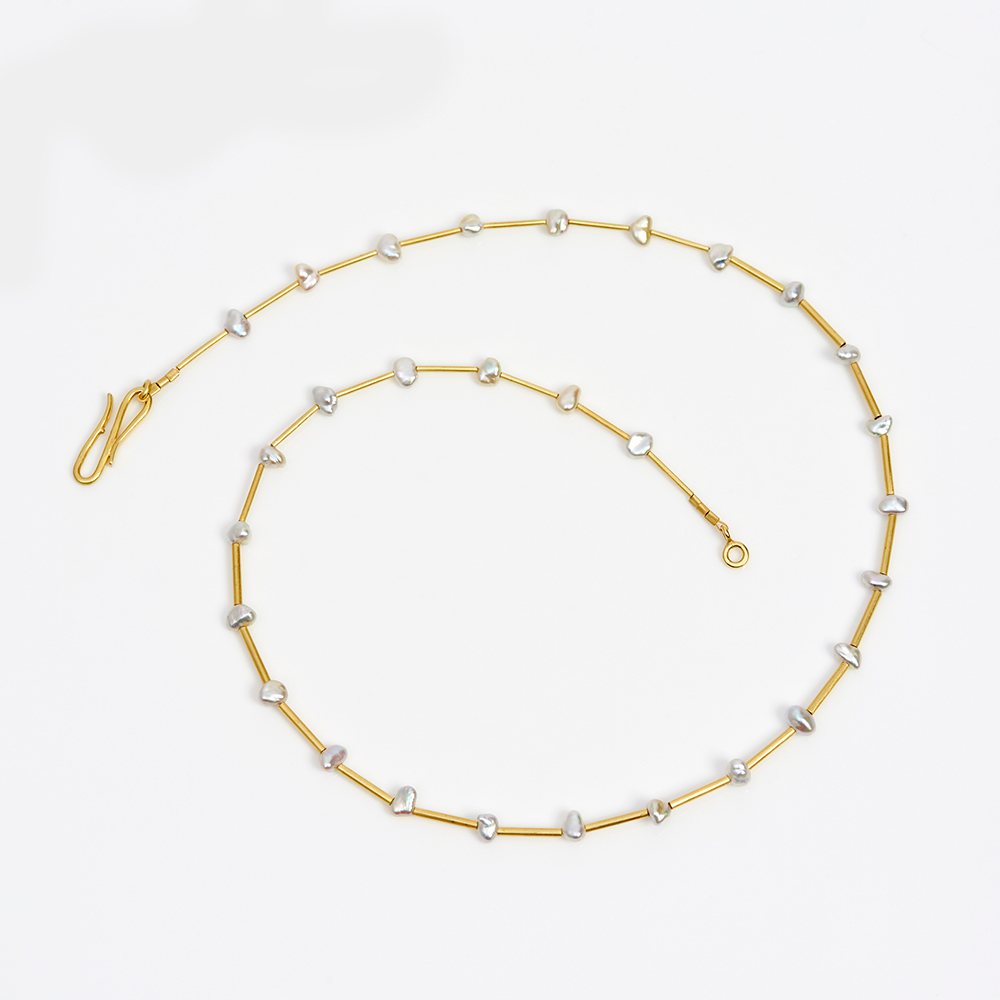 Handmade 18K Gold Tube Necklace with Keshi Pearls - The Garnered Jean Scott Moncrieff 18Ct Gold Keshi Pearl Necklace