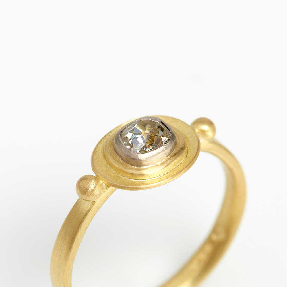 Handmade 18K Gold Ring with Old-Cut Diamond - The Garnered Jean Scott Moncrieff Gold Ring Cushion Shape Old Cut White Gold Bezel Granules On Shoulders Detail