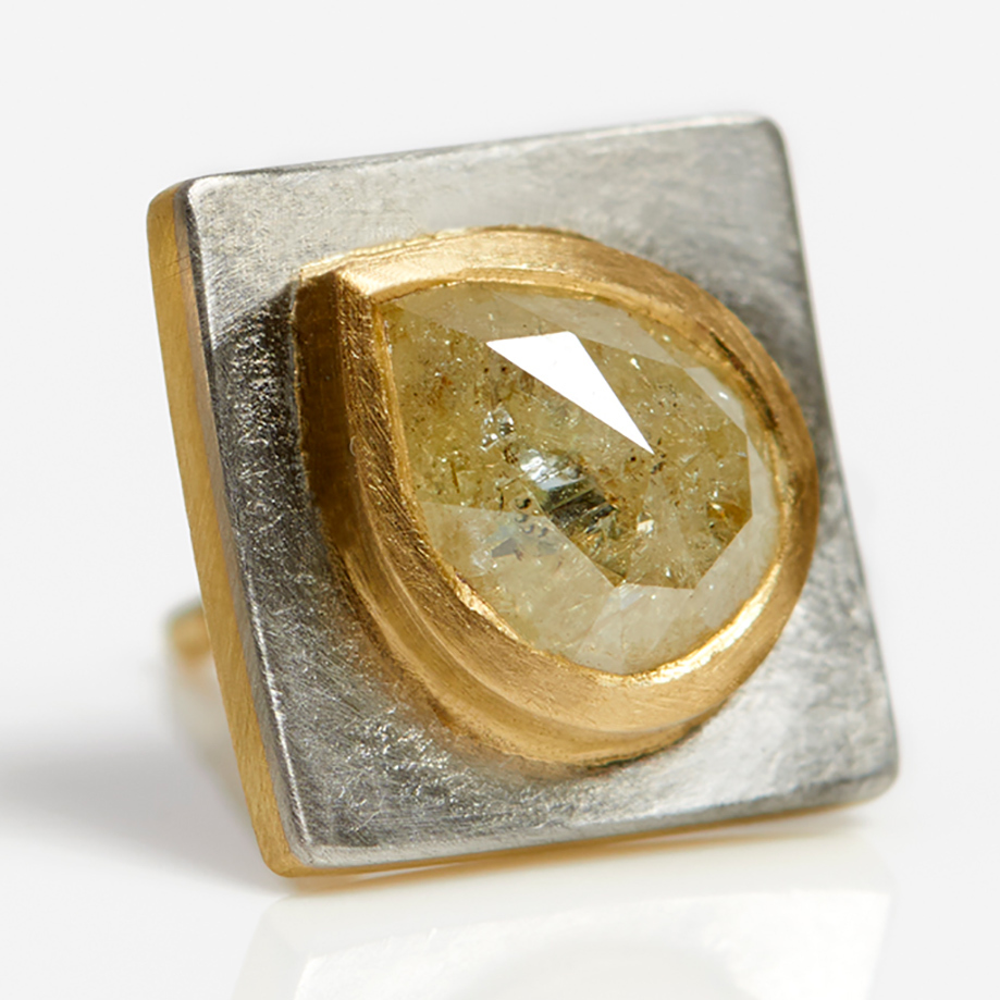 Handmade 18K White Gold Square Studs with Teardrop Rose-Cut Diamonds - The Garnered Jean Scott Moncrieff White Yellow Gold Square Studs With Rose Cut Dia Detail