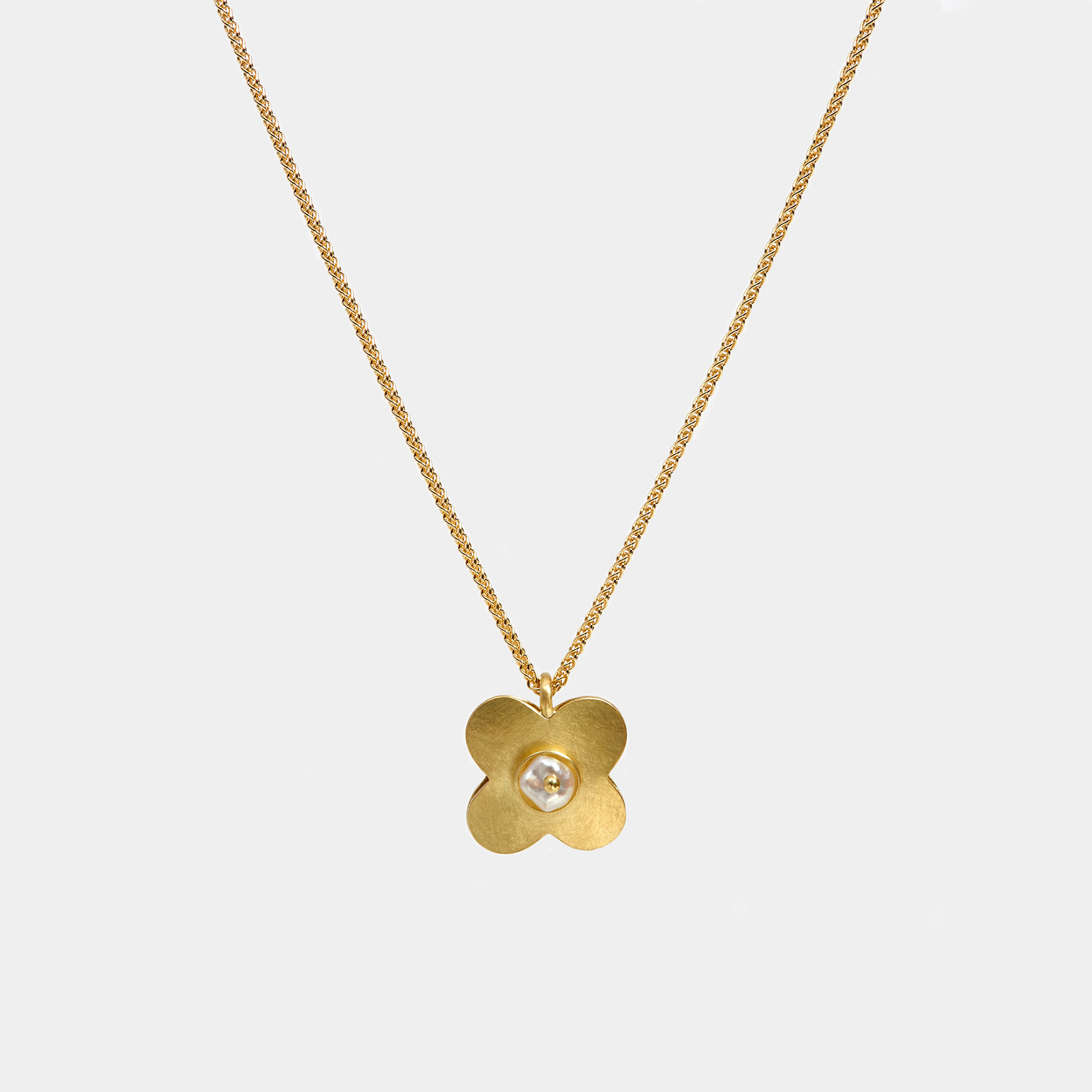 Handmade 18K Gold Quatrefoil Pendant with Baroque Pearl - The Garnered Jean Scott Moncrieff Hand Crafted Quatrefoil Pendant With Baroque Pearl