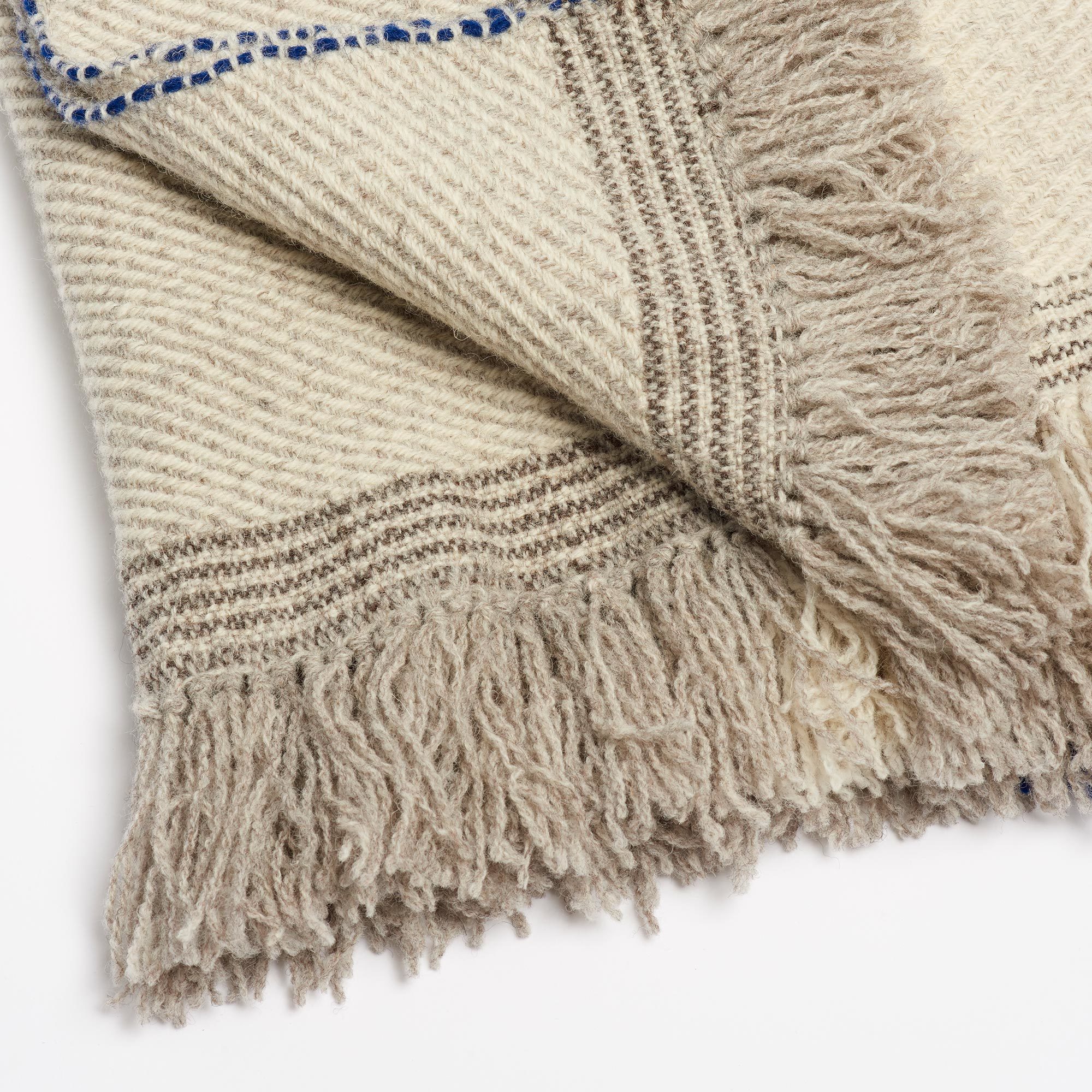 Xenodice Hand-Woven Wool Throw with Marine Blue Detail - Xenodice Throw Maria Sigma Textiles The Garnered 26