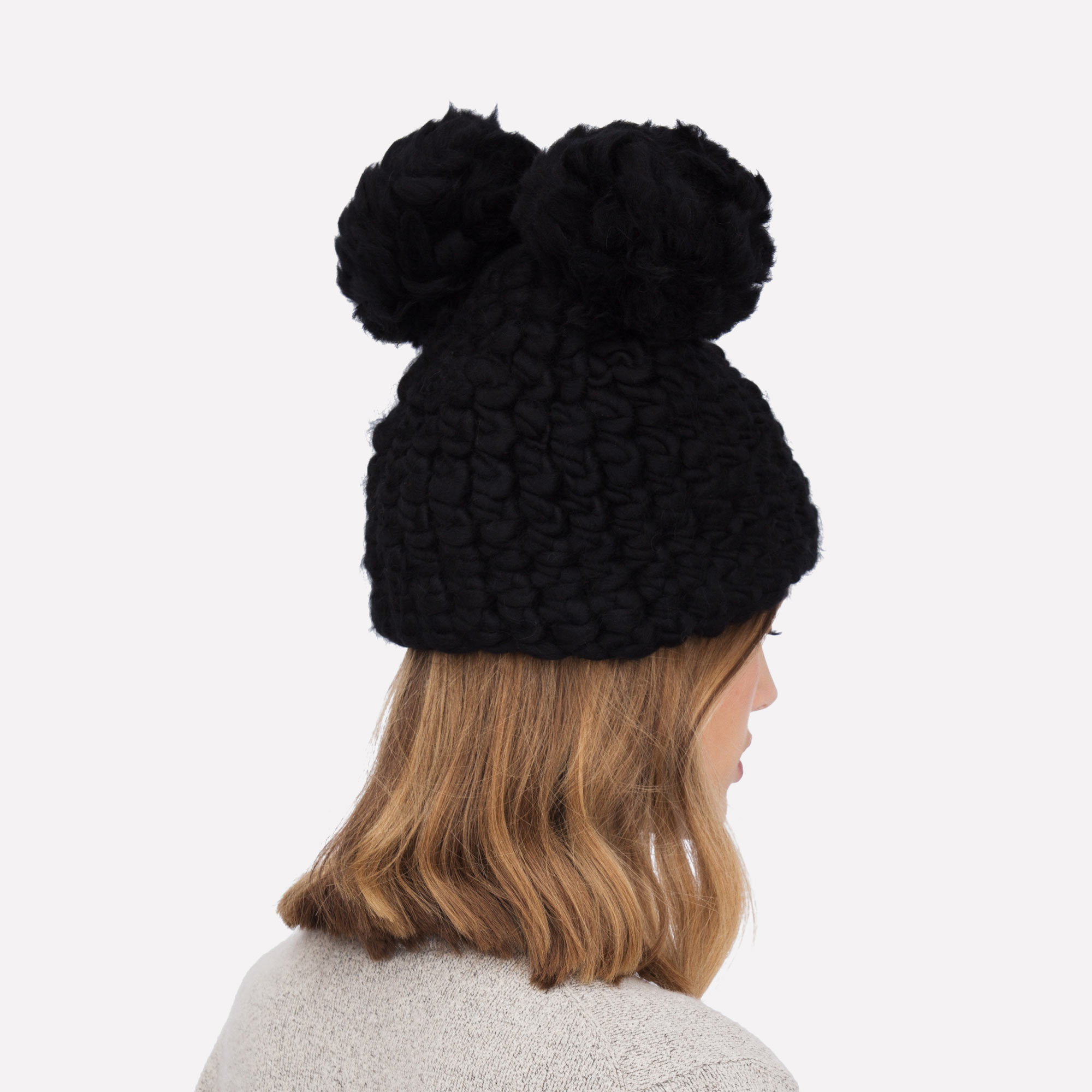 Mickey Black Hand-Crocheted Merino Wool Double Pom Hat - Black Mickey Beanie Mischa Lampert Hats The Garnered 14