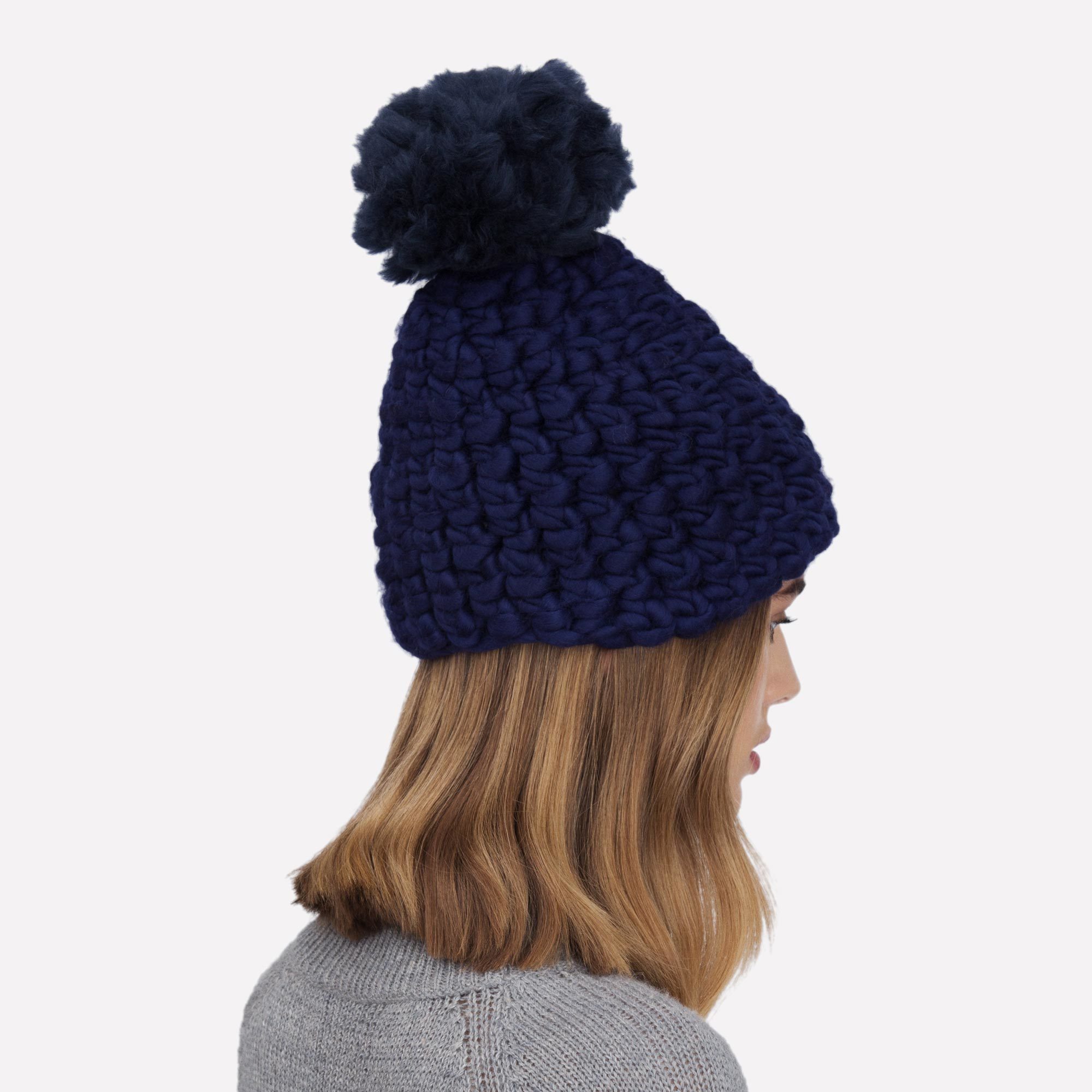 Beanie Pomster Cobalt with Midnight Pom Hand-Crocheted Merino Wool Hat - Cobalt Beanie Mischa Lampert Hats The Garnered 3