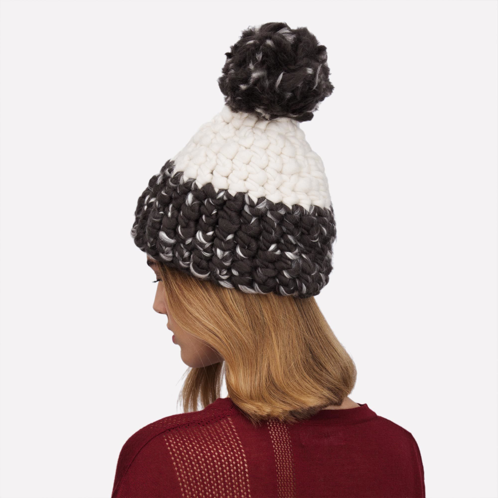 Deep Beanie Colour Block White and Carbon Hand-Crocheted Merino Wool Hat - Grey Colourblock Beanie Mischa Lampert Hats The Garnered 6
