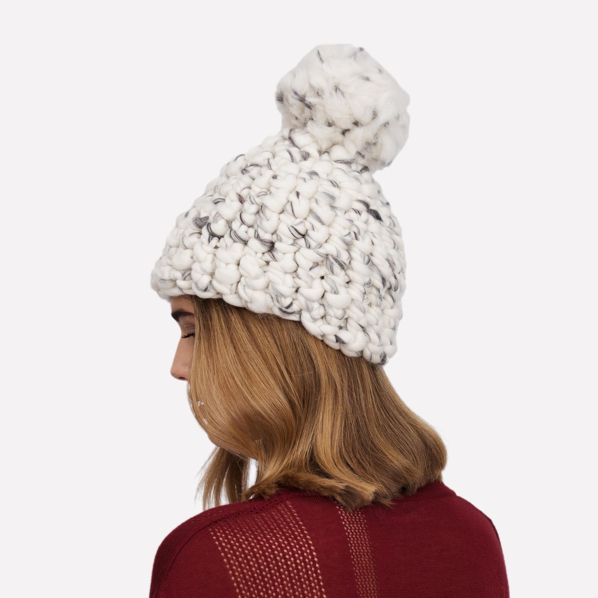Beanie Pomster White and Grey Mix Hand-Crocheted Merino Wool Hat - White Beanie Mischa Lampert Hats The Garnered 5