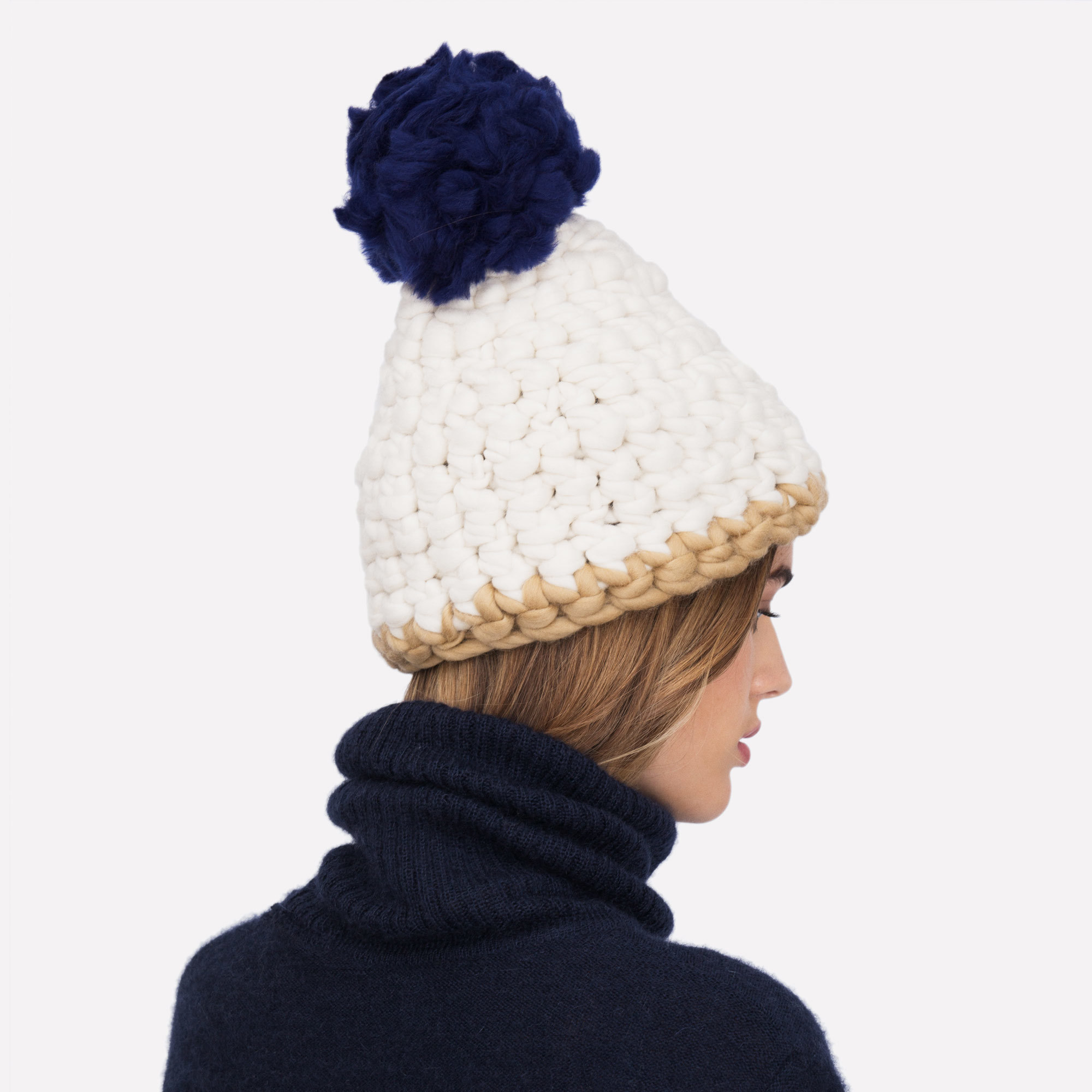 Beanie Pomster White with Gold Line and Cobalt Pom Hand-Crocheted Merino Wool Hat - White Gold Cobalt Beanie Mischa Lampert Hats The Garnered 9