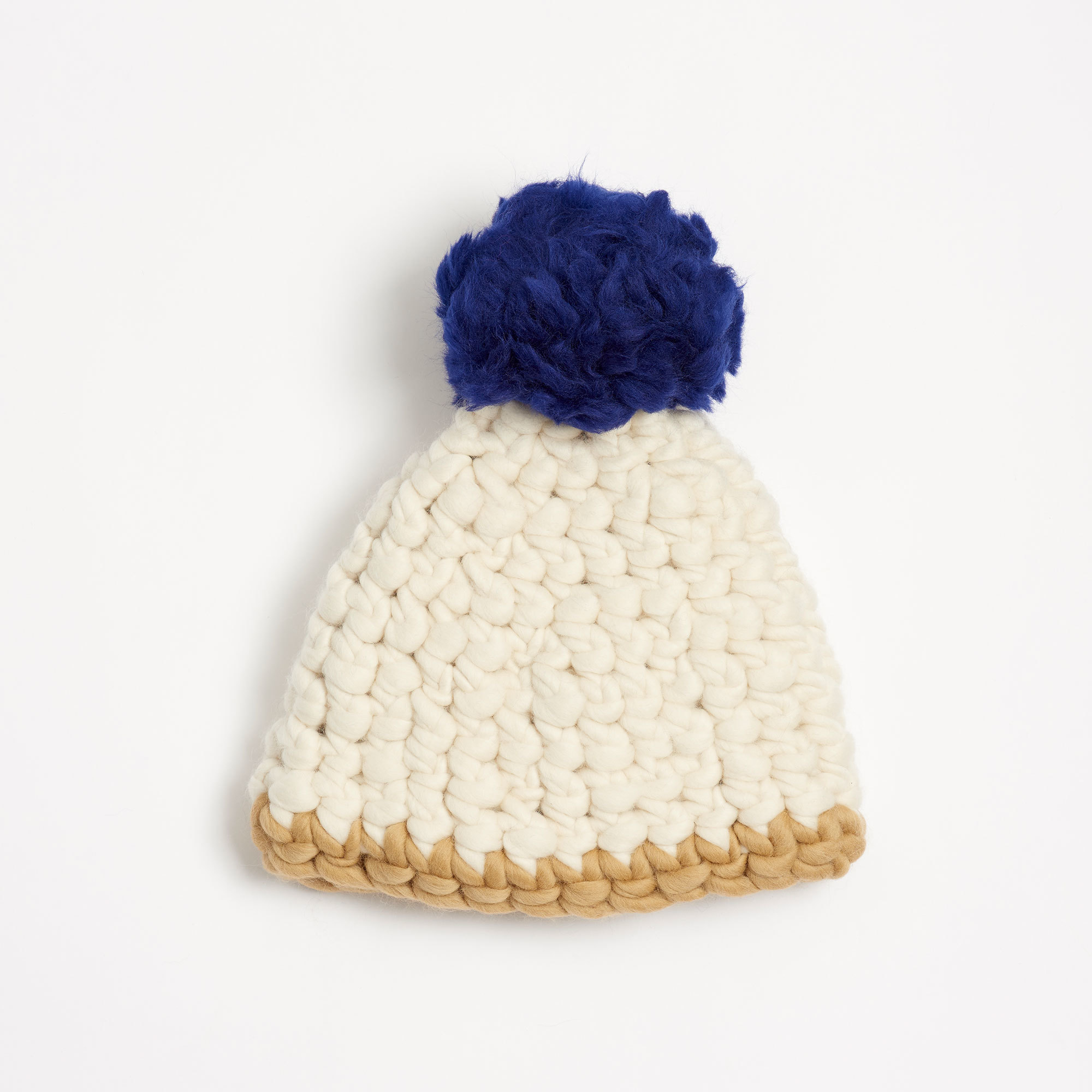 Beanie Pomster White with Gold Line and Cobalt Pom Hand-Crocheted Merino Wool Hat - White Gold Cobalt Beanie Mischa Lampert Hats The Garnered 17