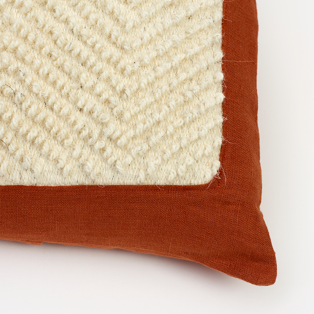 Hand-Woven Hilda Cushion – Terracotta - The Garnered Nancy Nicholson Studio Hilda Tapestry Bolster 2