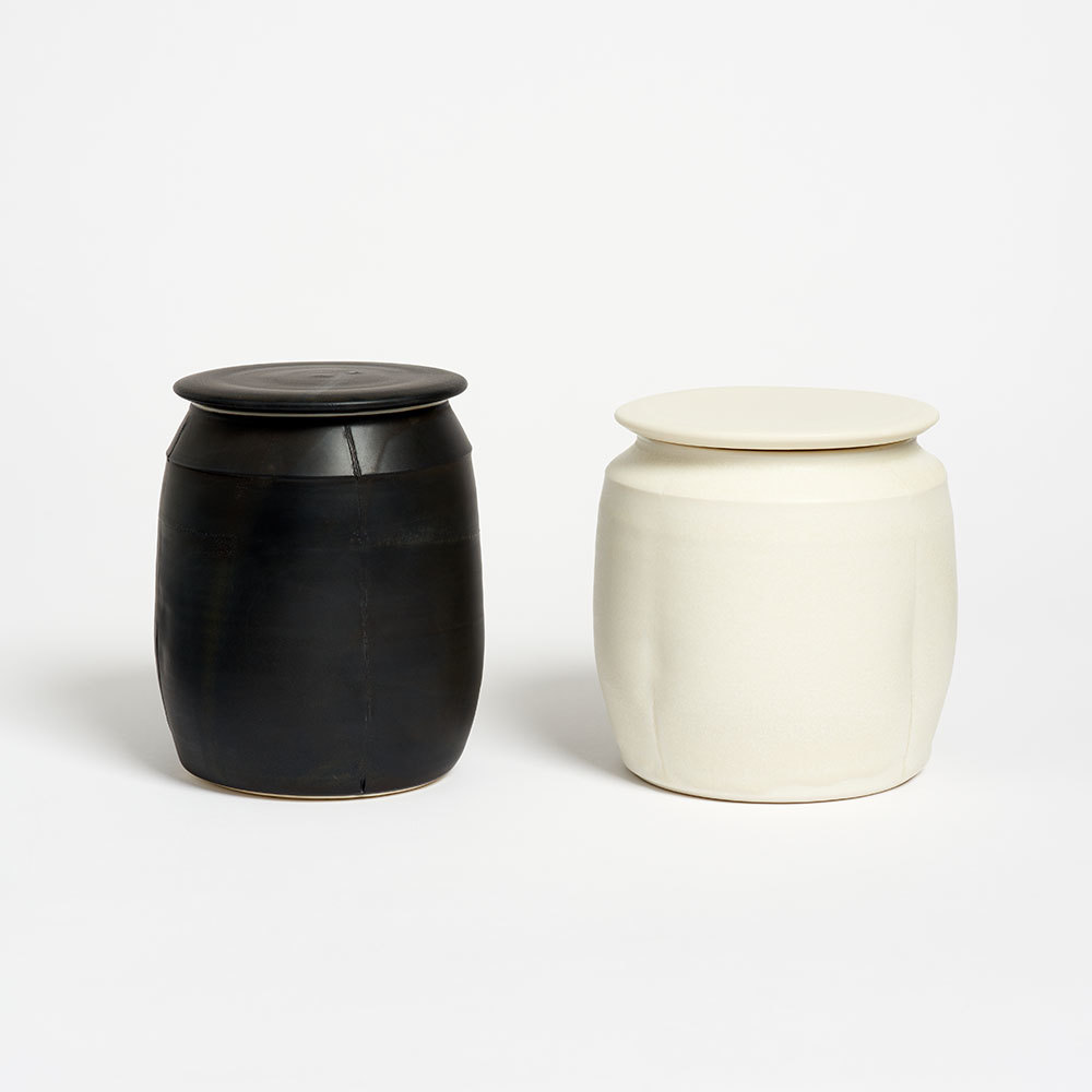 Pair of Hand-Thrown Porcelain Lidded Jars – Black & Cream - Olivia Horley Ceramics The Garnered Porcelain Canisters