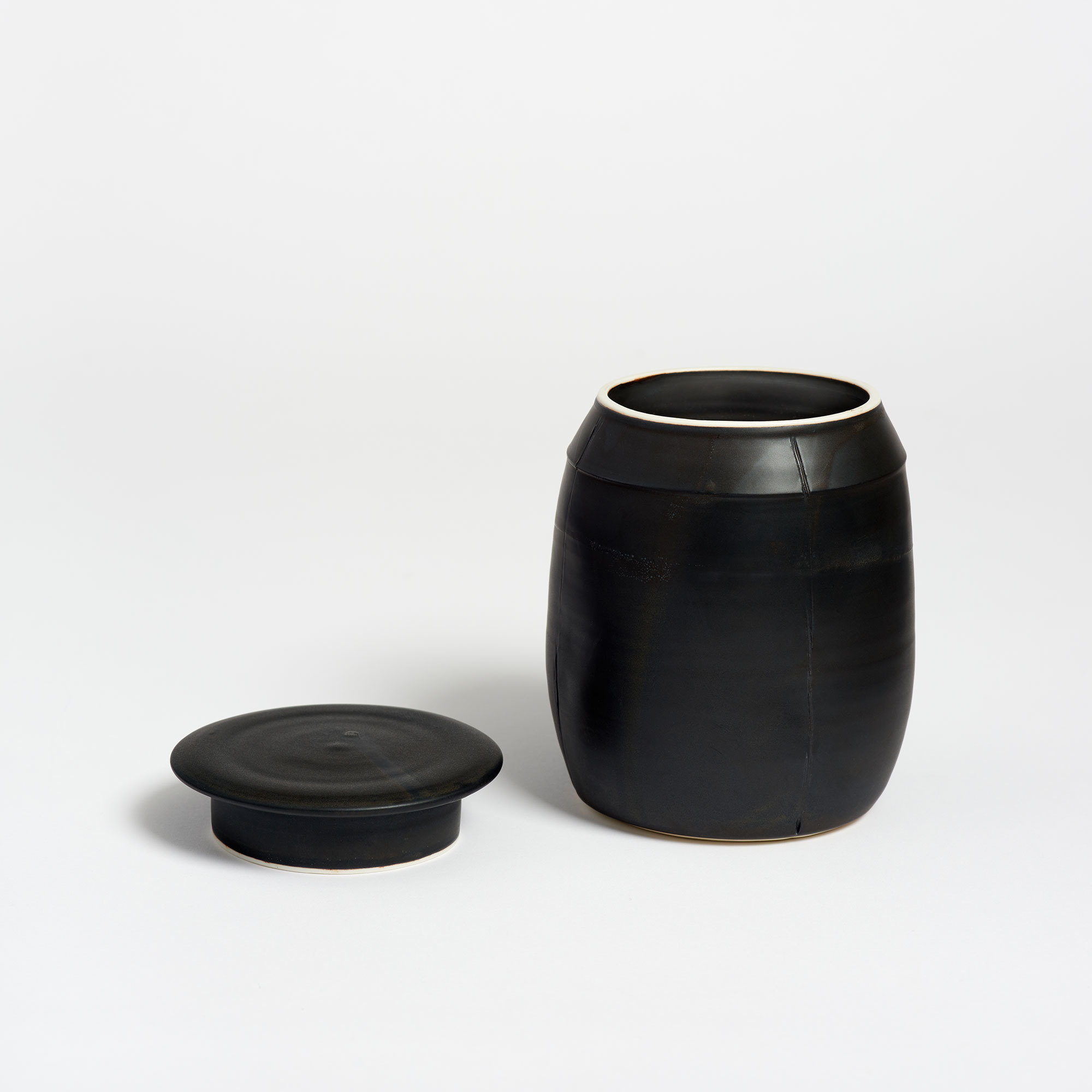 Pair of Hand-Thrown Porcelain Lidded Jars – Black & Cream - The Garnered Olivia Horley Ceramics Black Canister Lid Off
