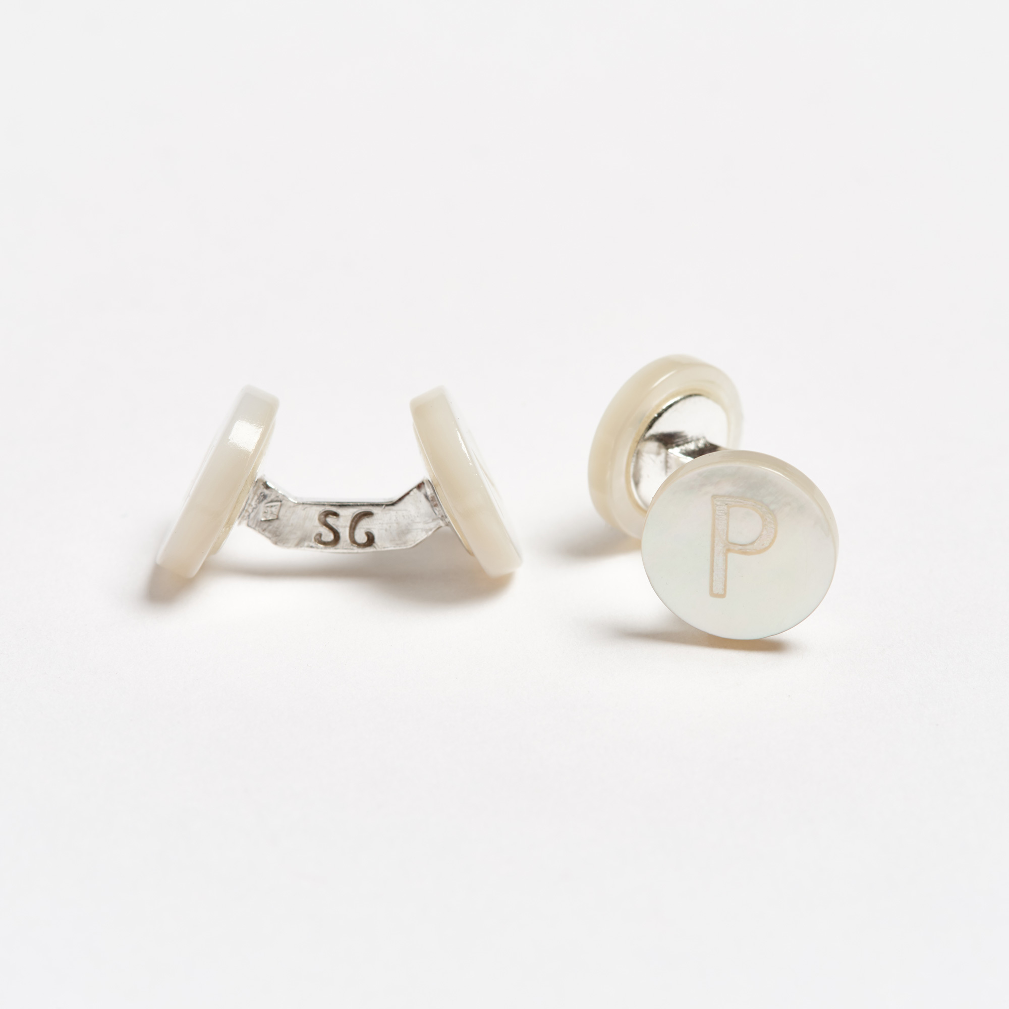 Mother-of-Pearl Initial Alphabet Cufflinks - P Day Alphabet Samuel Gassmann Cufflinks The Garnered 75