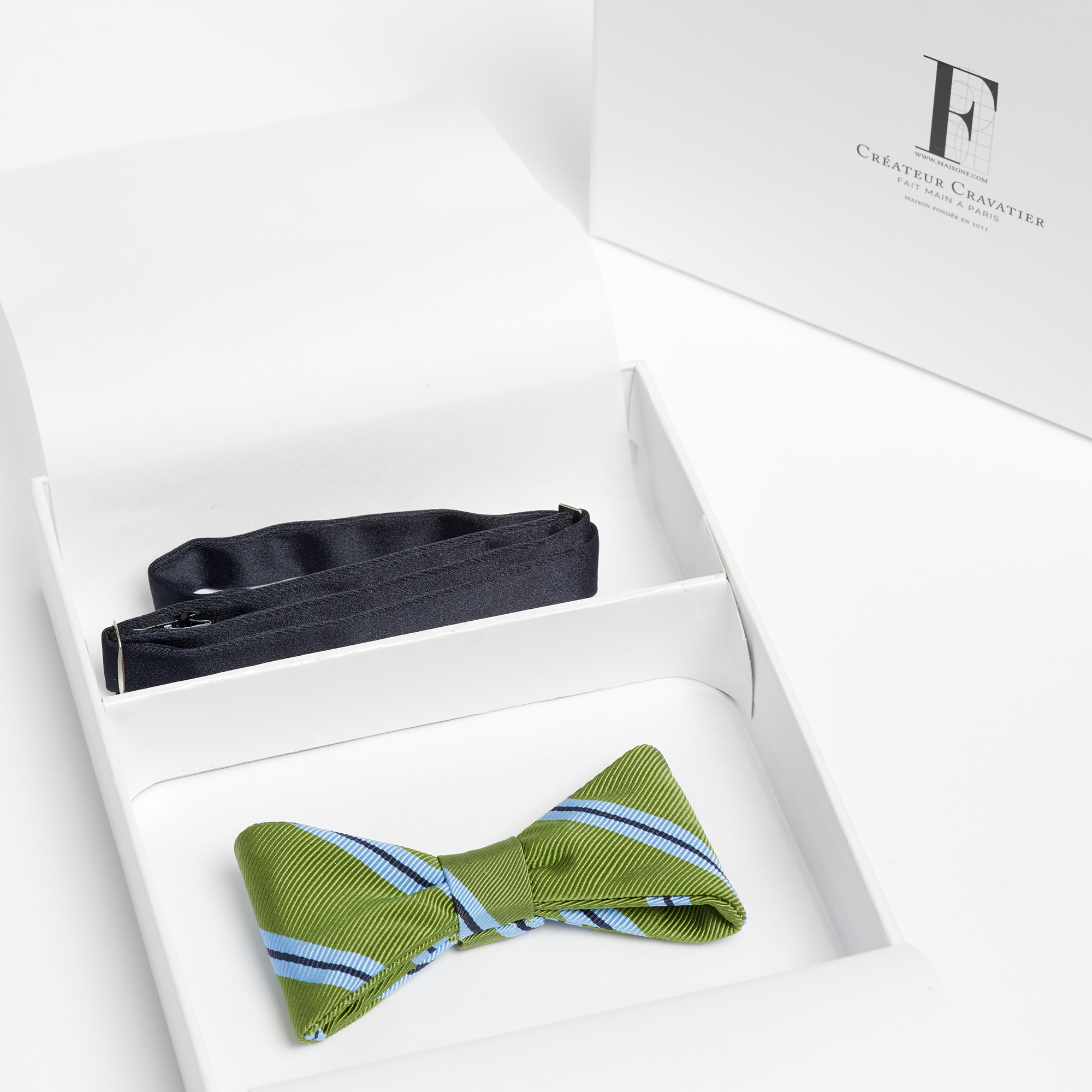 Triangle Green Stripe Silk Magnetic Bow-Tie - Bowtie Maison F Ties The Garnered 43