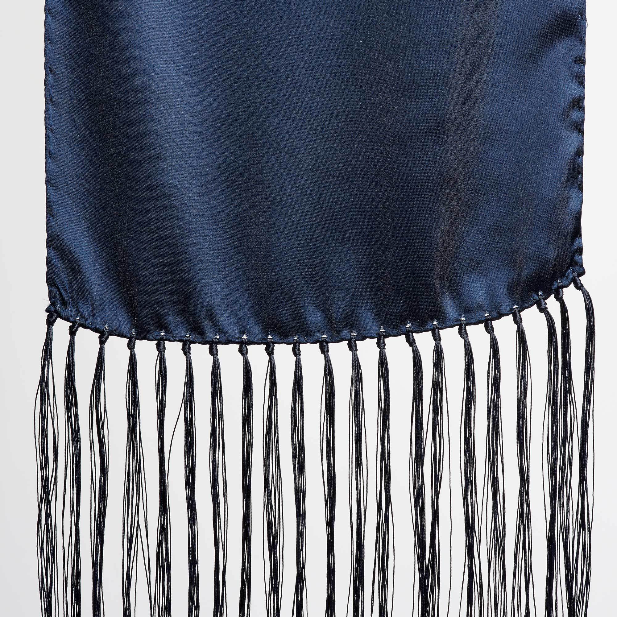 Navy Blue Silk Scarf with Long Fringe - Navy Silk Scarf Maison F Scarves The Garnered 56
