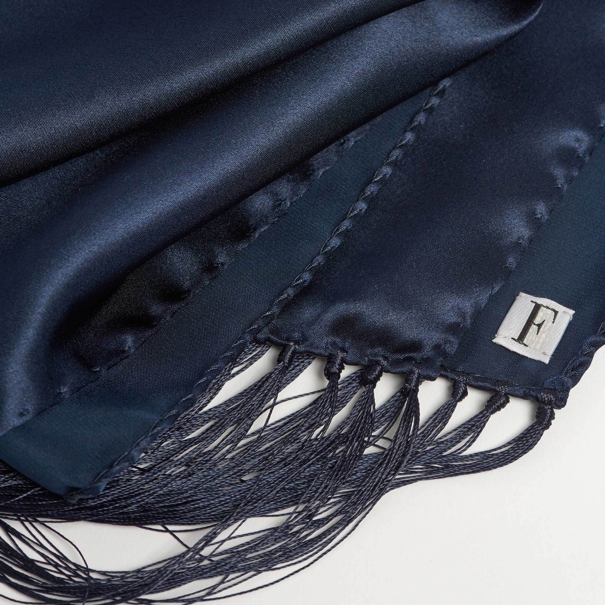 Navy Blue Silk Scarf with Long Fringe - Navy Silk Scarf Maison F Scarves The Garnered 58