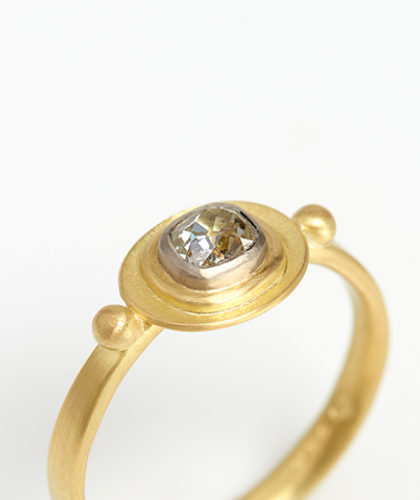 The Garnered - The Garnered Jean Scott Moncrieff Gold Ring Cushion Shape Old Cut White Gold Bezel Granules On Shoulders Detail Thumbnail