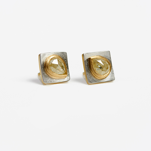 The Garnered - The Garnered Jean Scott Moncrieff White Yellow Gold Square Studs With Rose Cut Thumbnail